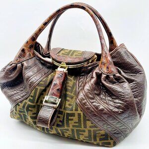 Fendi Spy Bag Handbag Top Handle Tote Zucca Canvas Leather Brown Y2K Authentic